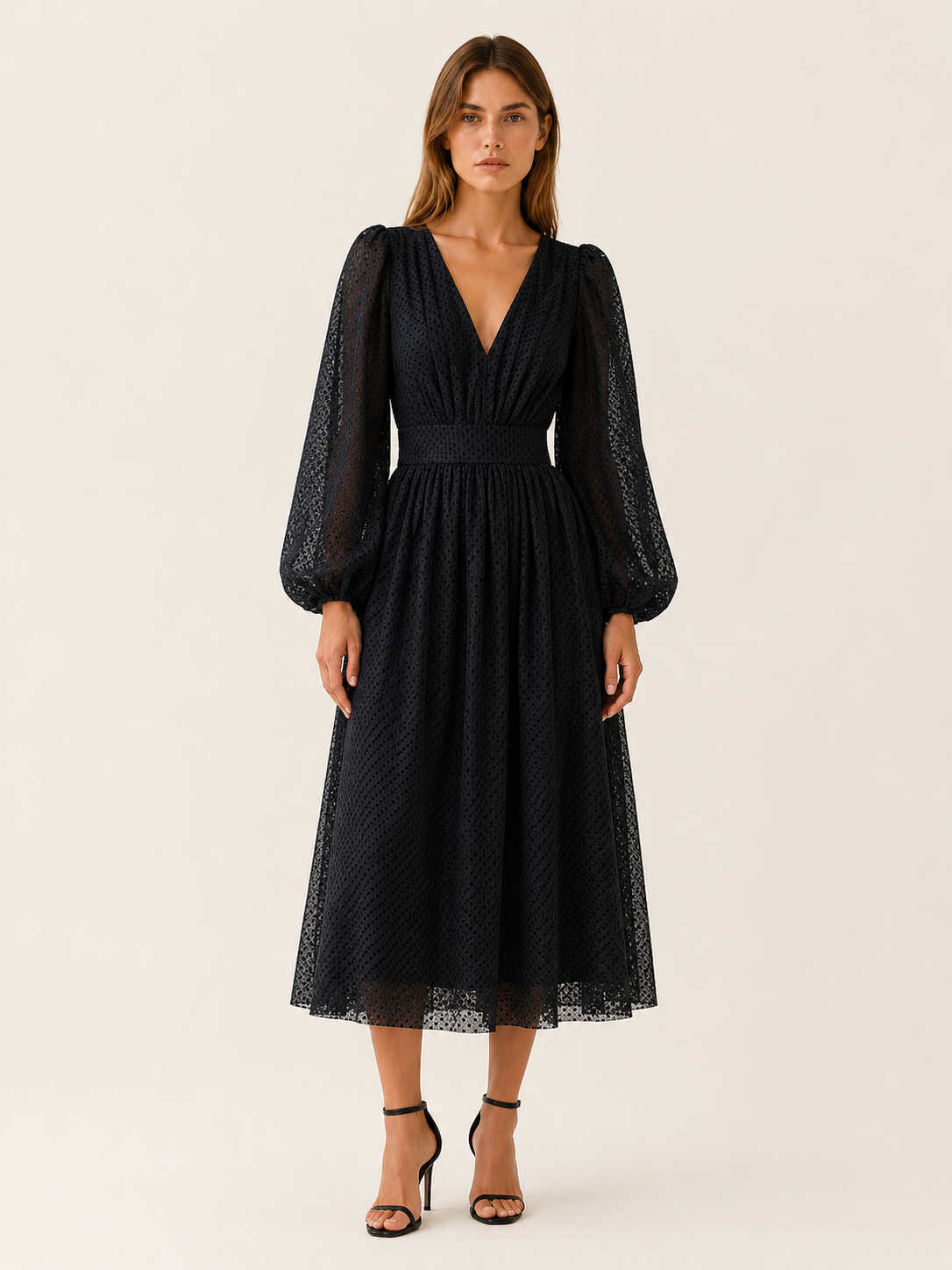 Mirta | Polka Dot Midi Dress with V Neck and Balloon Sleeves