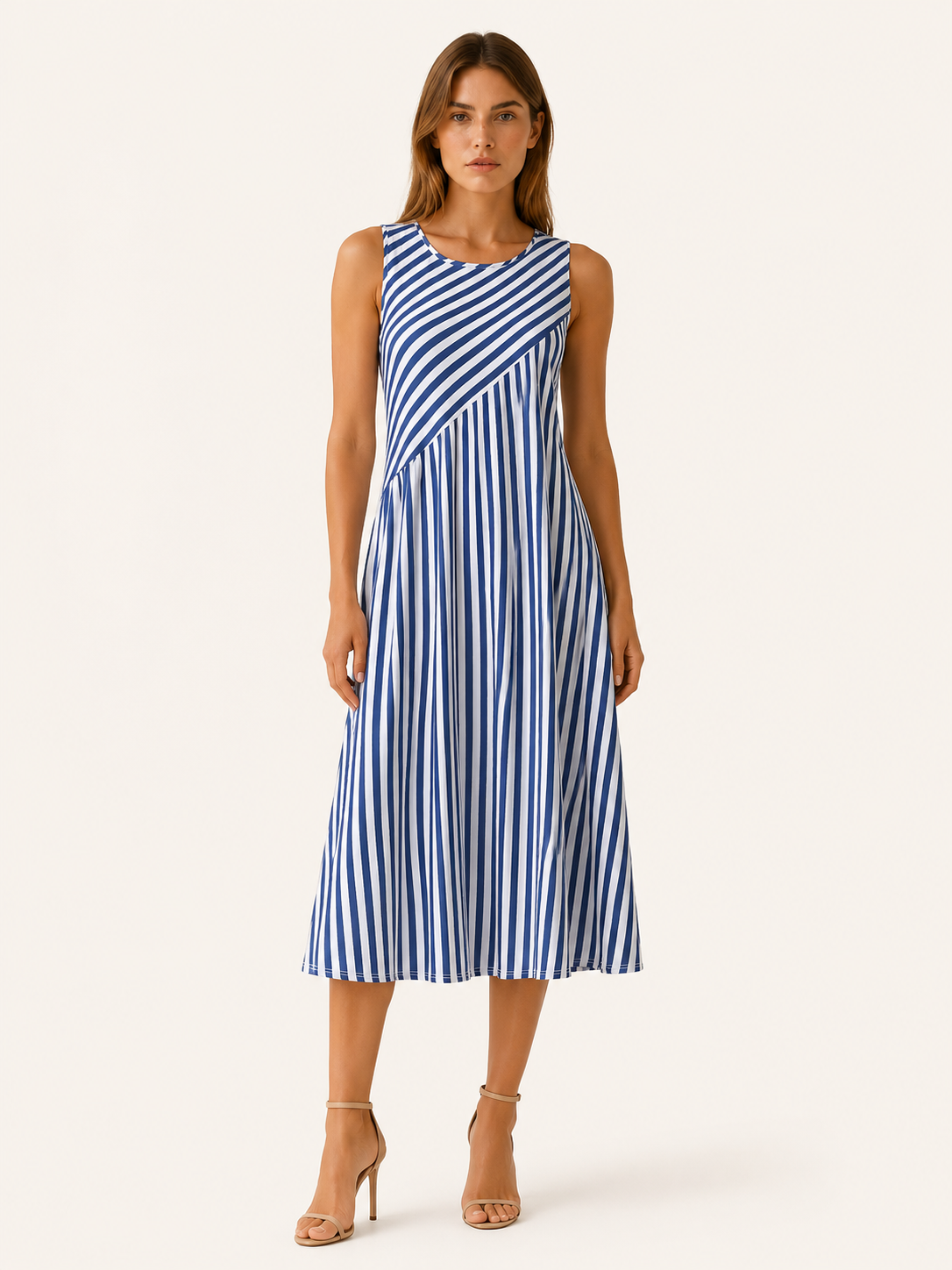 Nerida | Striped Midi Dress with Sleeveless A-Line Fit