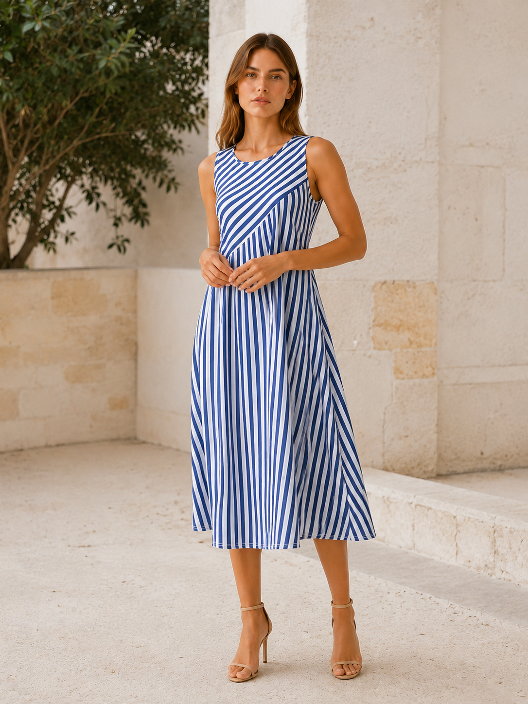 Nerida | Striped Midi Dress with Sleeveless A-Line Fit