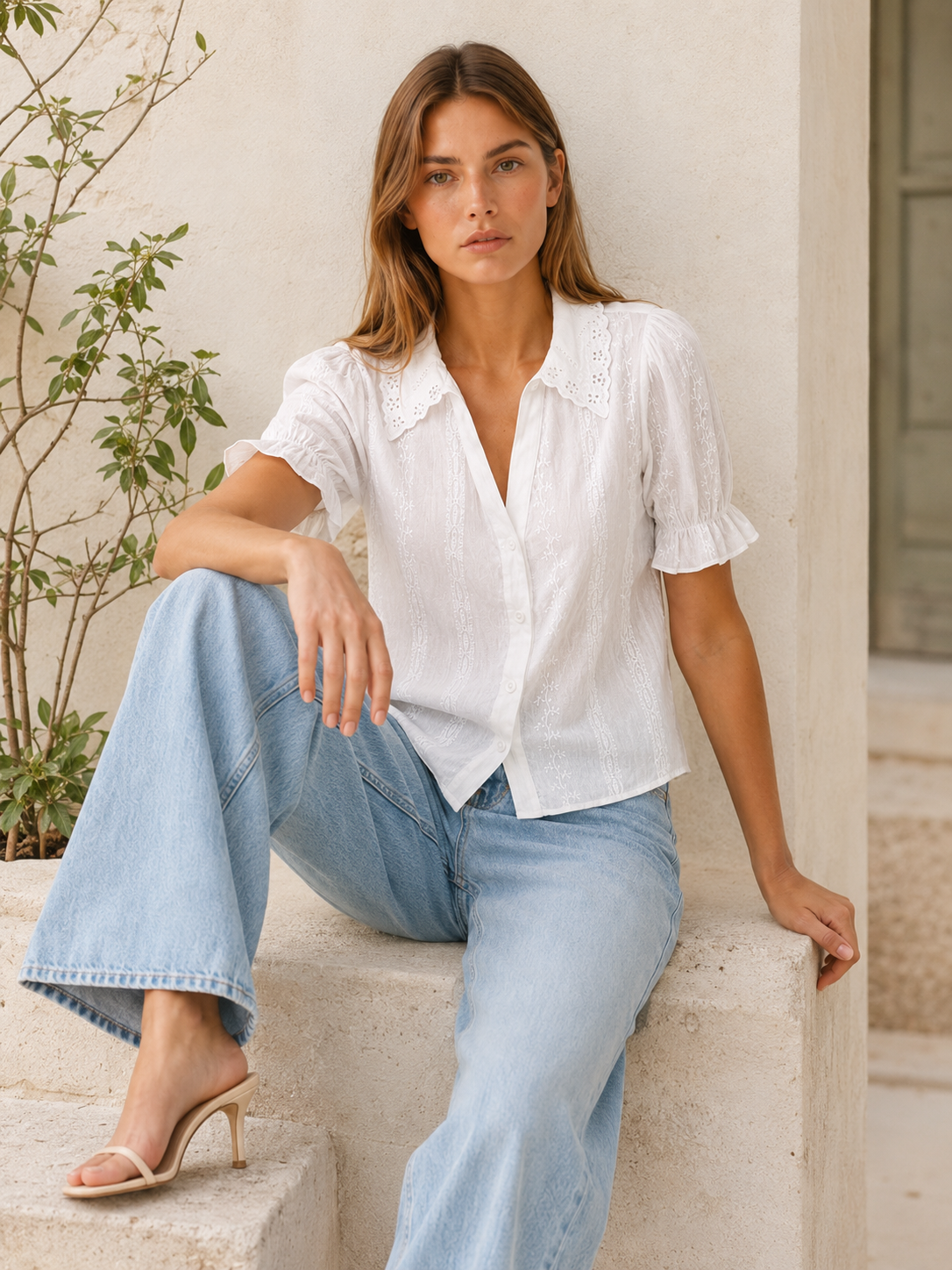 Nina | Women's Lace Embroidered Collared Blouse