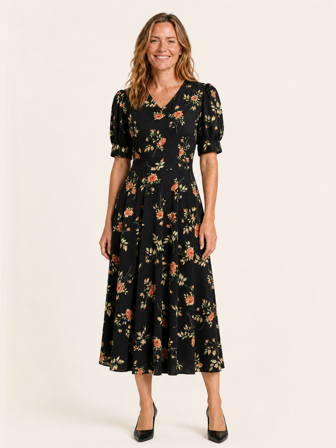 Nola | Women's Floral Puff Sleeve Wedding Guest Midi Dress