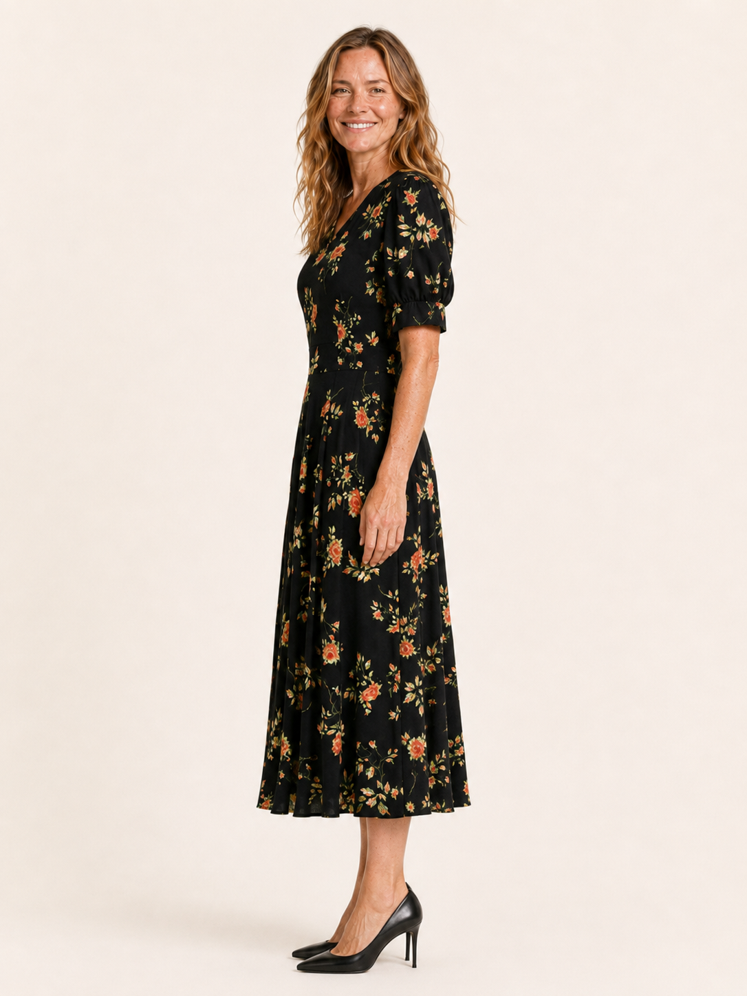 Nola | Women's Floral Puff Sleeve Wedding Guest Midi Dress