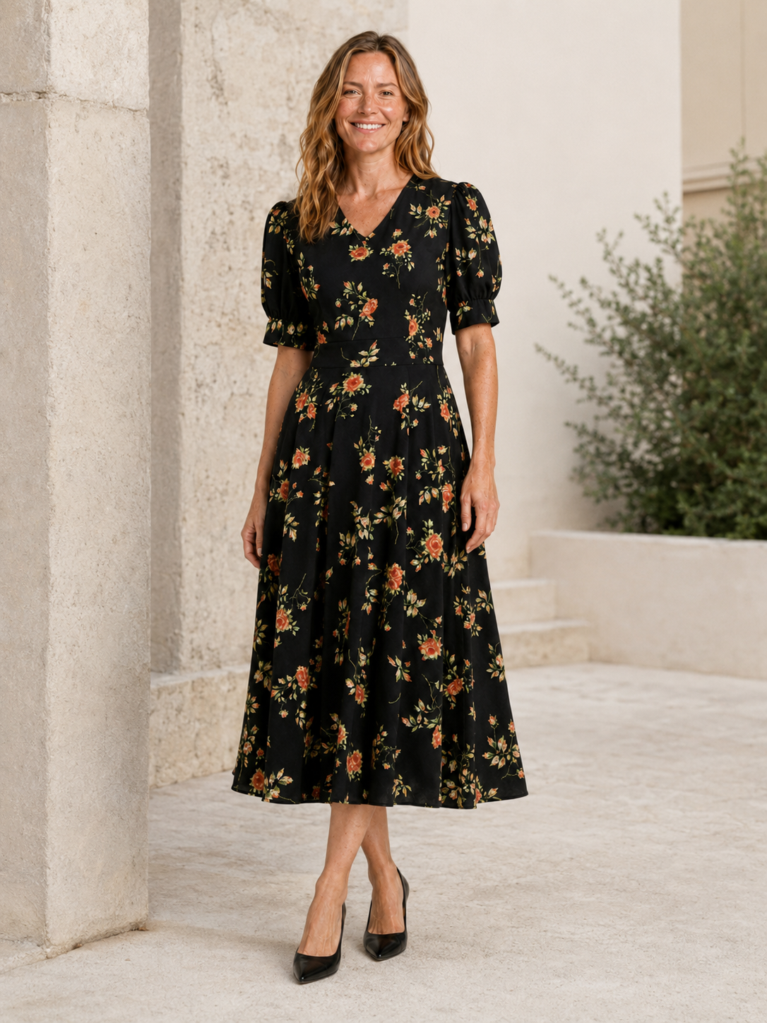 Nola | Women's Floral Puff Sleeve Wedding Guest Midi Dress