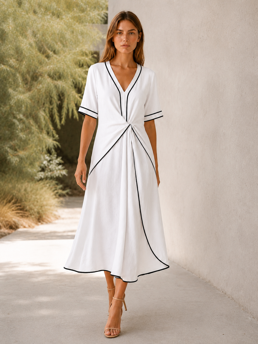 Novara | Midi Dress with Twist Front Contrast Trim