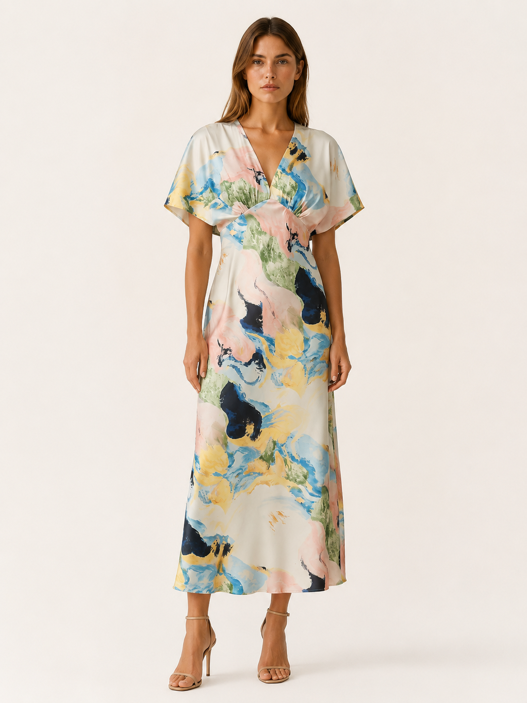 Nyvella | Satin Maxi Dress with Abstract Marble Print