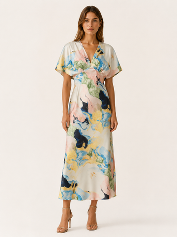 Nyvella | Satin Maxi Dress with Abstract Marble Print