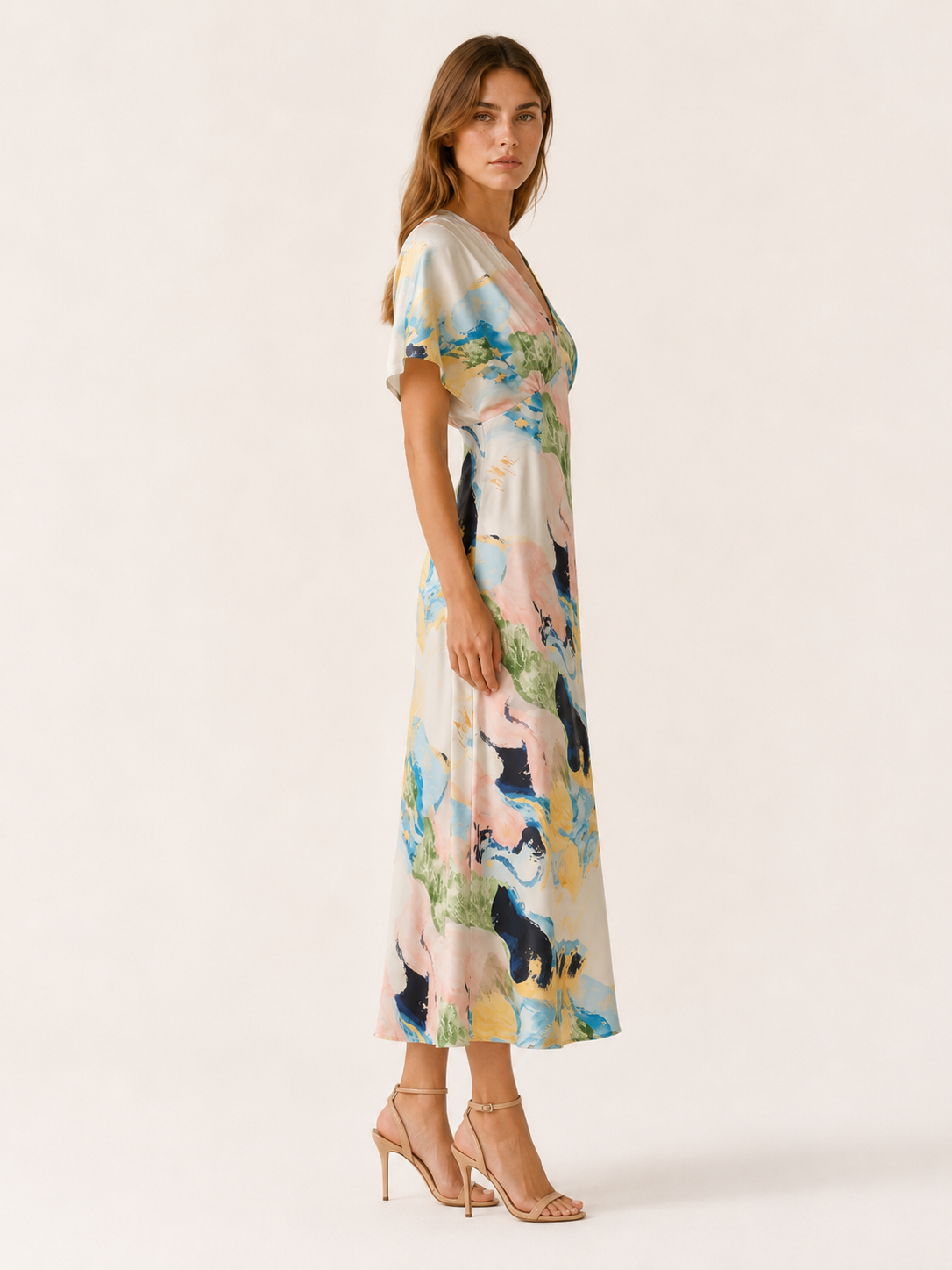 Nyvella | Satin Maxi Dress with Abstract Marble Print