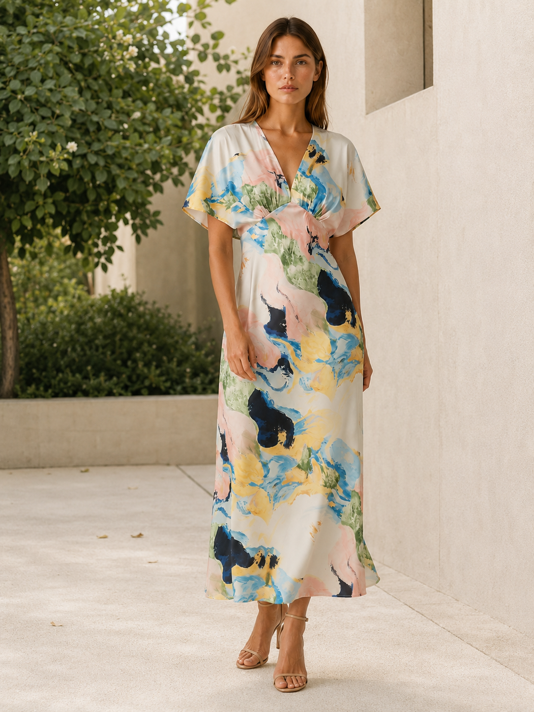 Nyvella | Satin Maxi Dress with Abstract Marble Print
