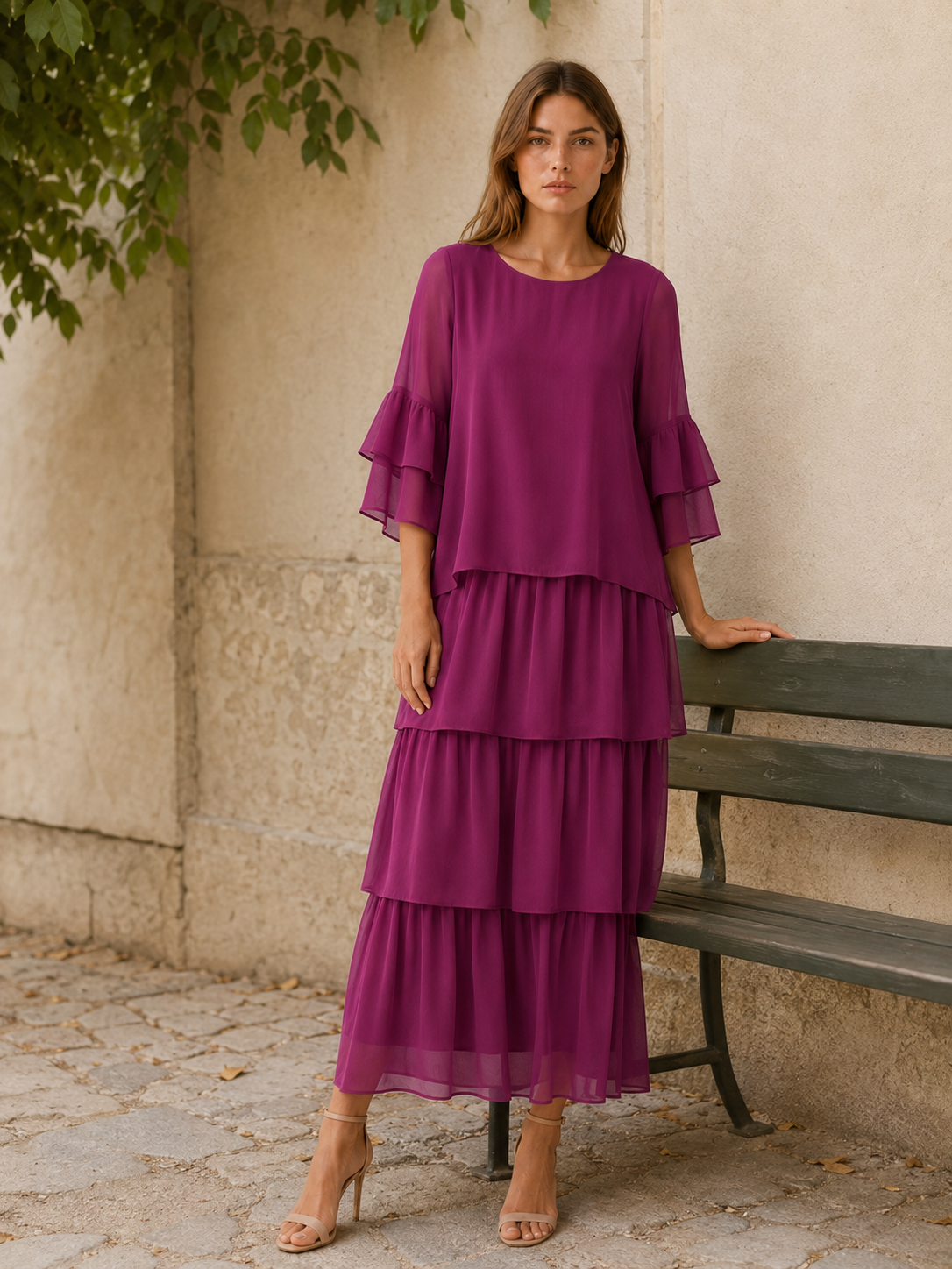 Oona | Tiered Maxi Dress with Round Neck
