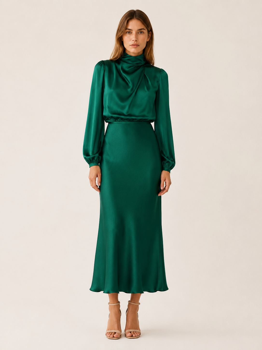 Orinthia | Satin Maxi Dress with High Neck and Long Sleeve