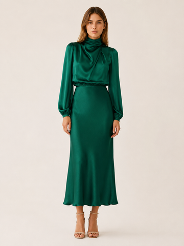 Orinthia | Satin Maxi Dress with High Neck and Long Sleeve