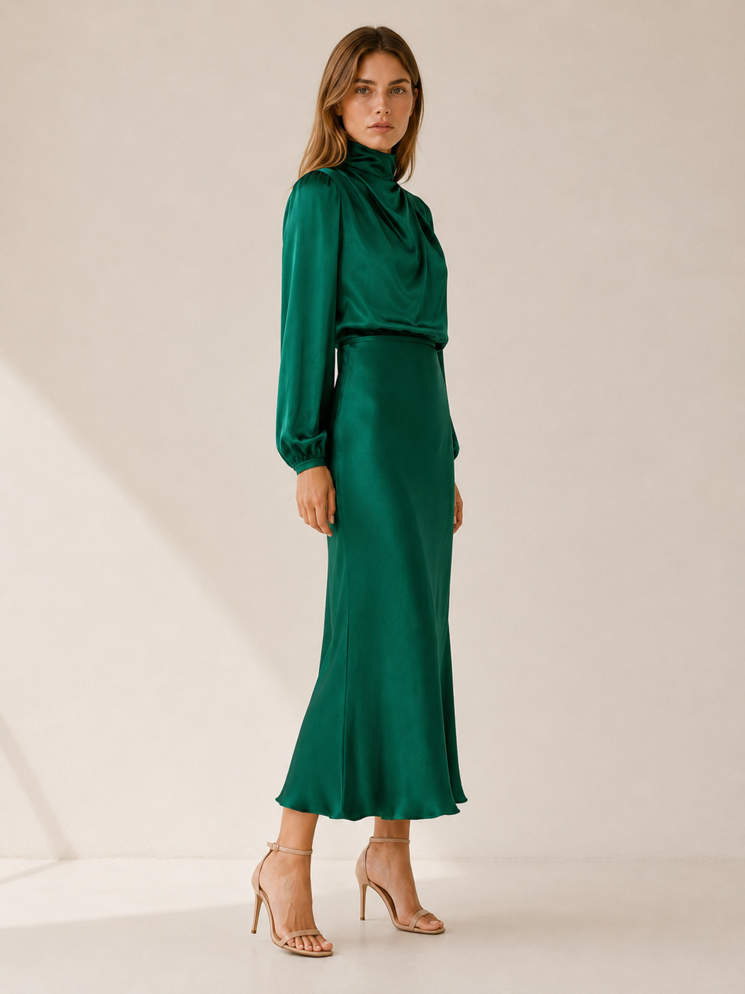 Orinthia | Satin Maxi Dress with High Neck and Long Sleeve