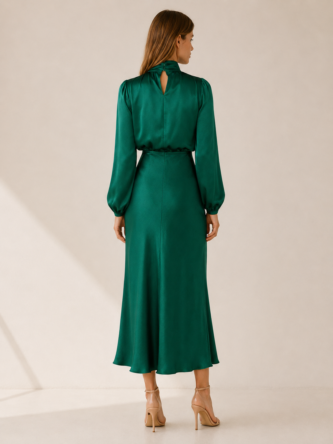Orinthia | Satin Maxi Dress with High Neck and Long Sleeve