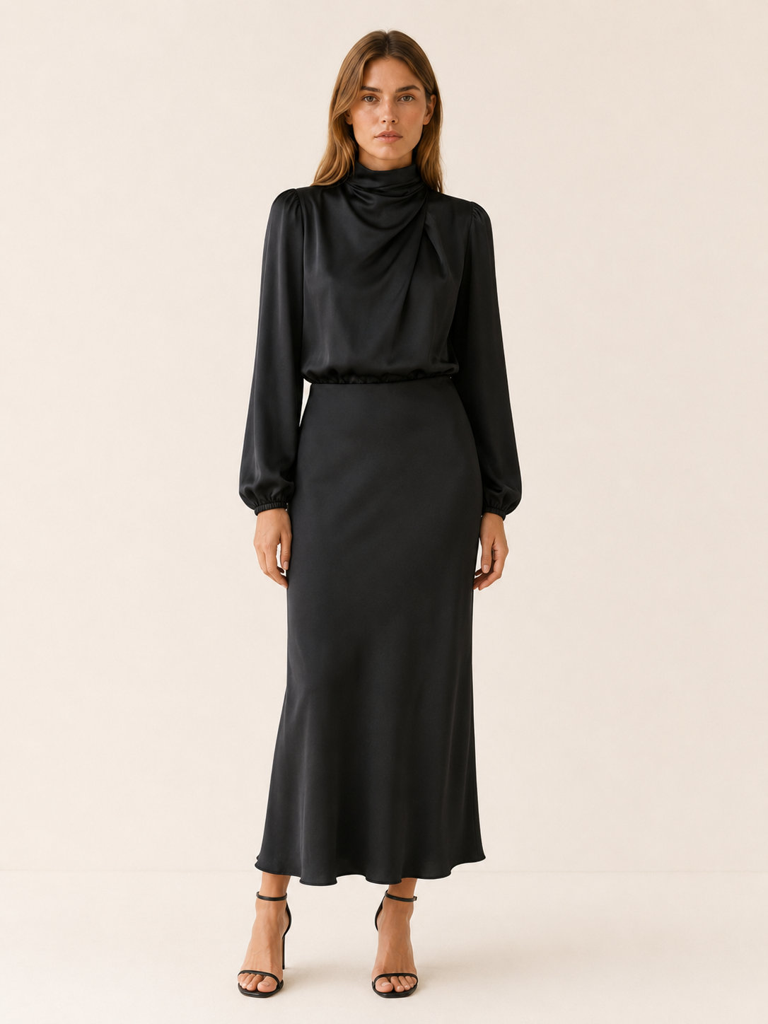 Orinthia | Satin Maxi Dress with High Neck and Long Sleeve