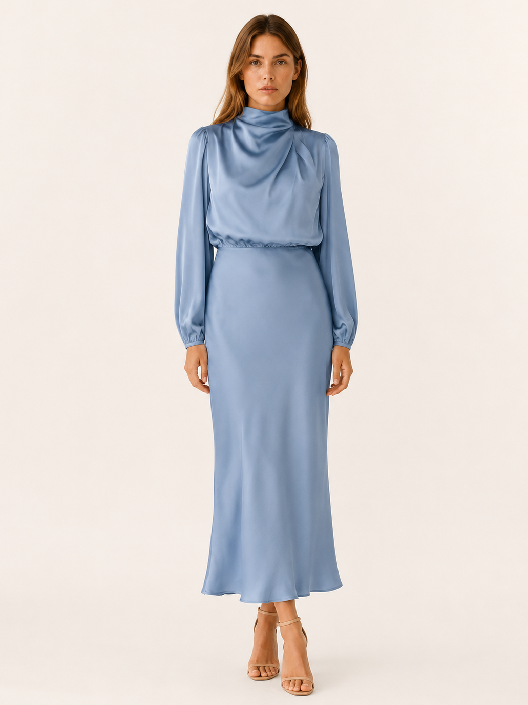 Orinthia | Satin Maxi Dress with High Neck and Long Sleeve