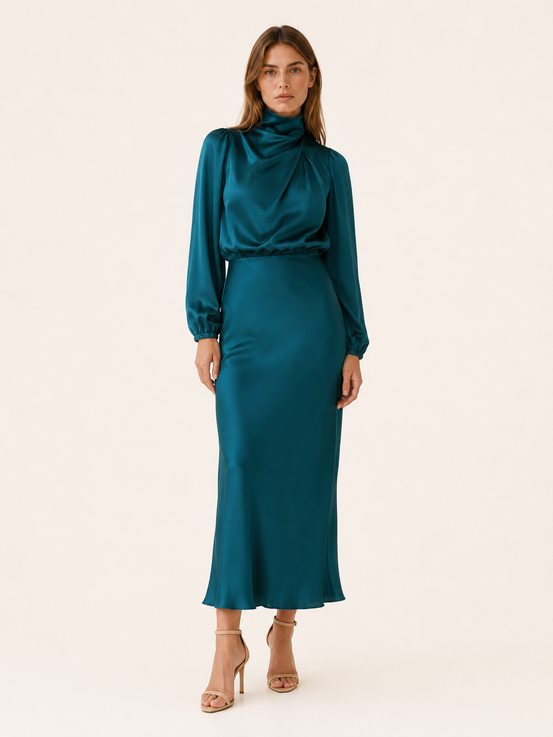 Orinthia | Satin Maxi Dress with High Neck and Long Sleeve