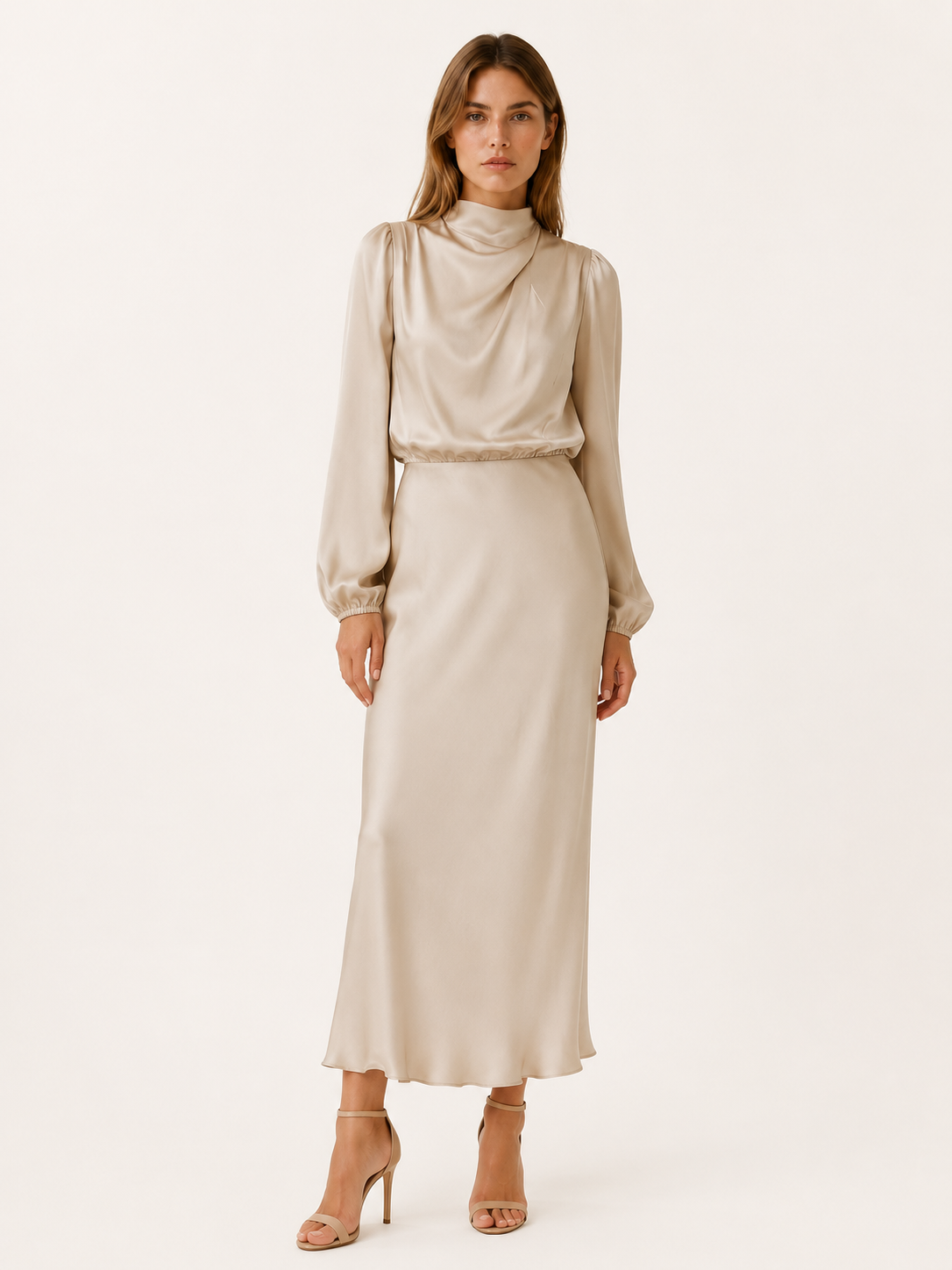 Orinthia | Satin Maxi Dress with High Neck and Long Sleeve
