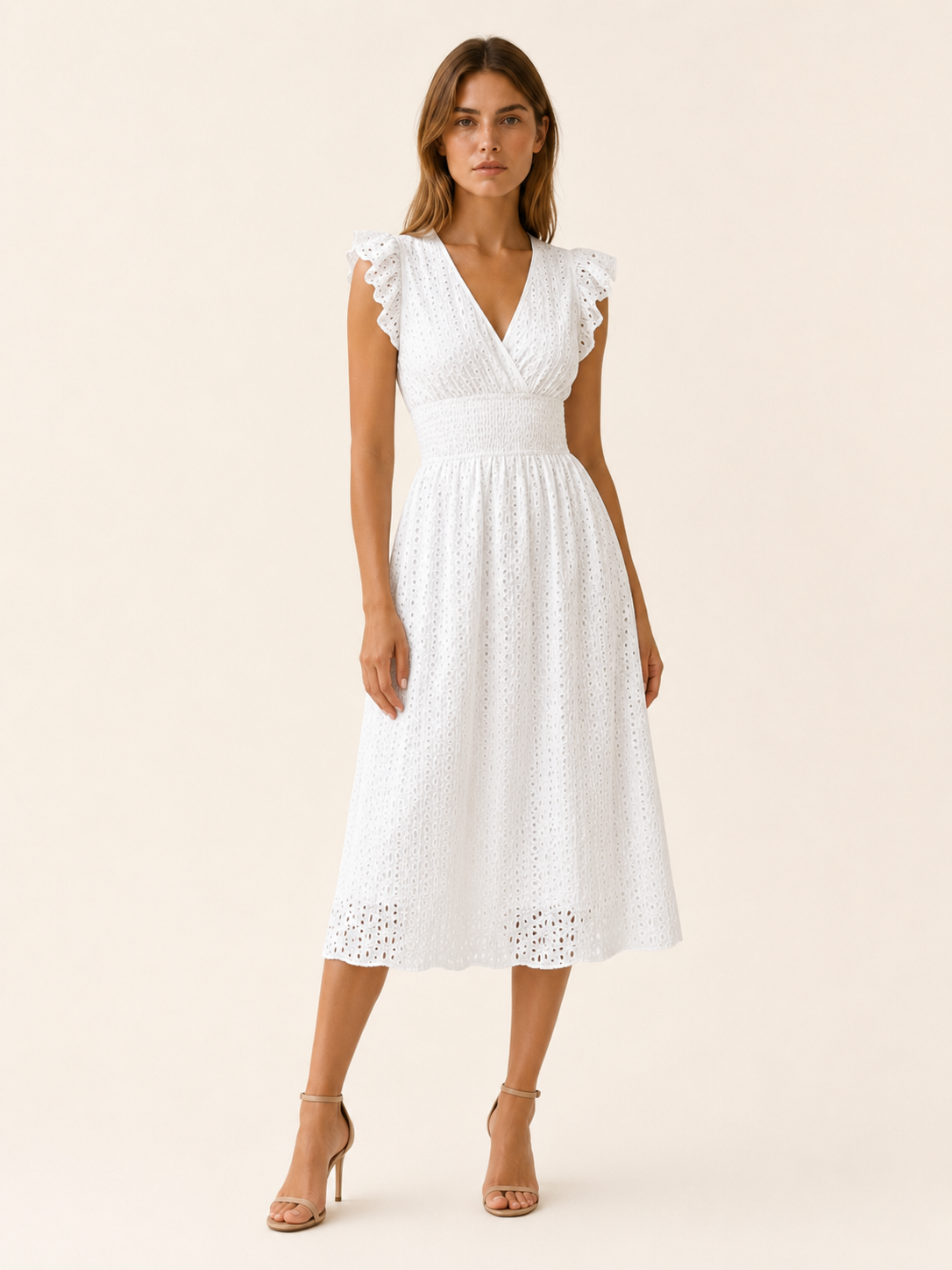 Paola | Eyelet Midi Dress with V Neck and Ruffle Sleeves