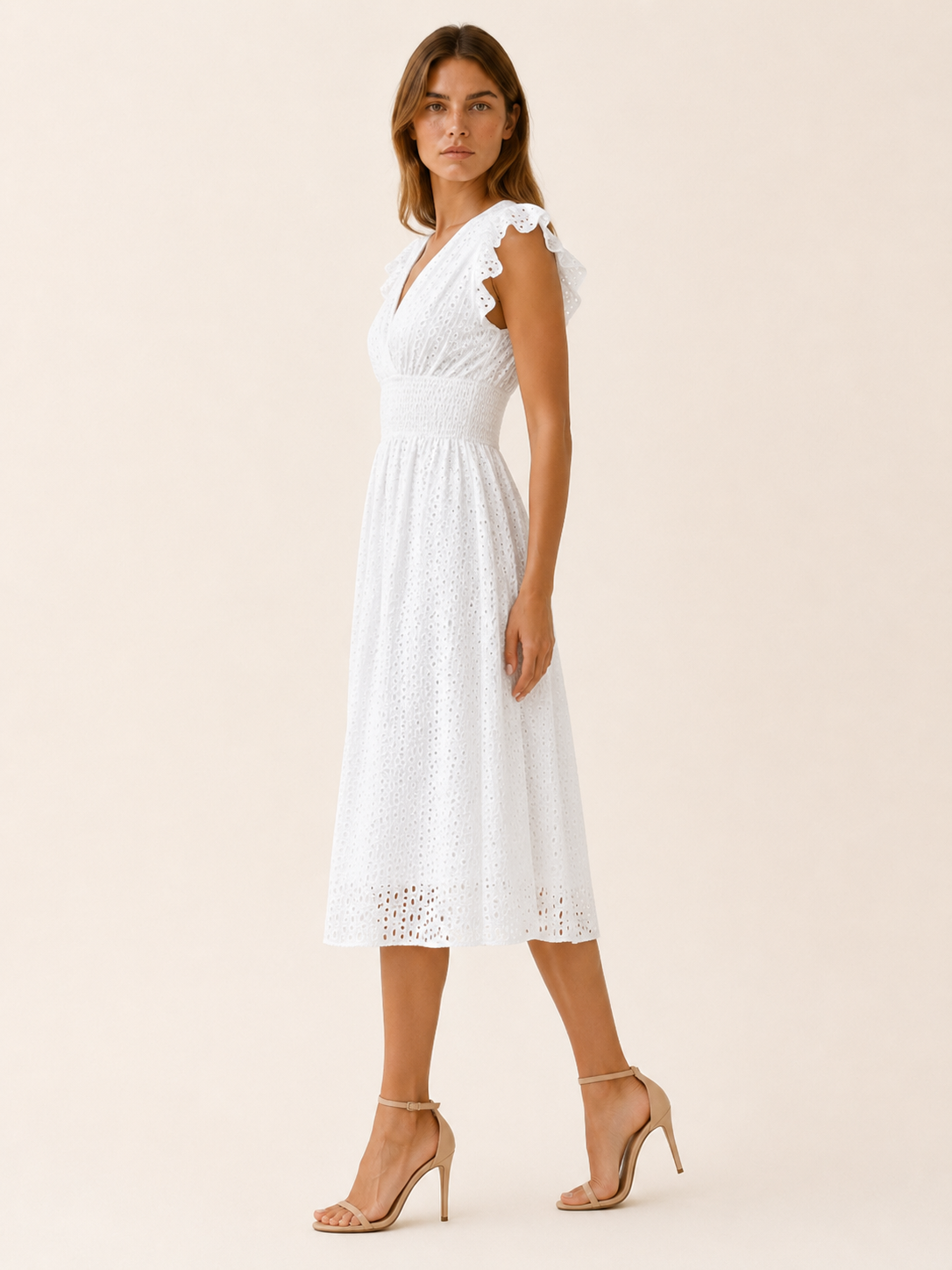 Paola | Eyelet Midi Dress with V Neck and Ruffle Sleeves