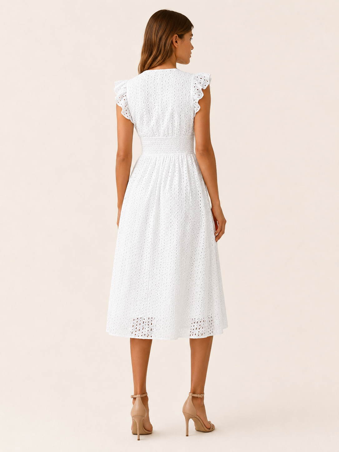 Paola | Eyelet Midi Dress with V Neck and Ruffle Sleeves