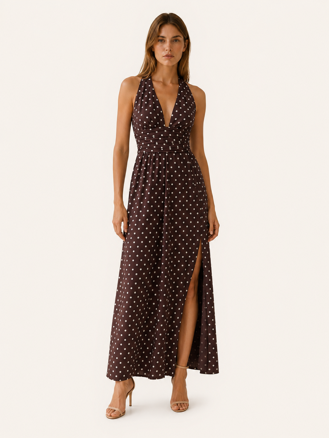 Juno | Polka Dot Maxi Dress with Halter Neck and Smocked Bodice