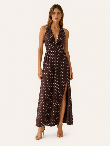 Juno | Polka Dot Maxi Dress with Halter Neck and Smocked Bodice