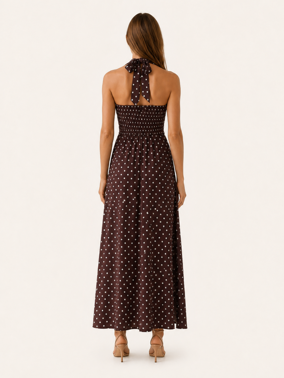Juno | Polka Dot Maxi Dress with Halter Neck and Smocked Bodice