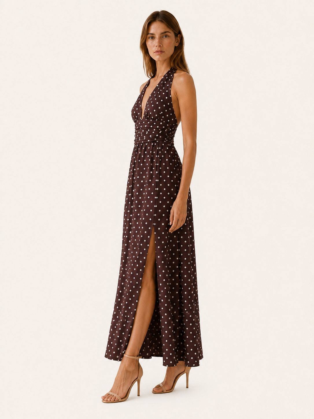 Juno | Polka Dot Maxi Dress with Halter Neck and Smocked Bodice