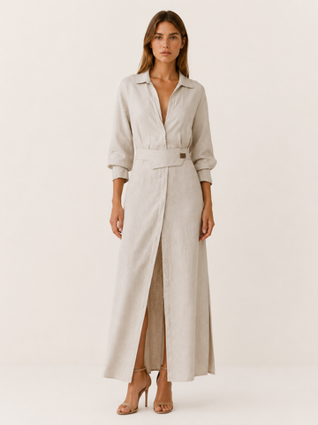 Quincy | Maxi Dress with Collared V Neck Belted Waist