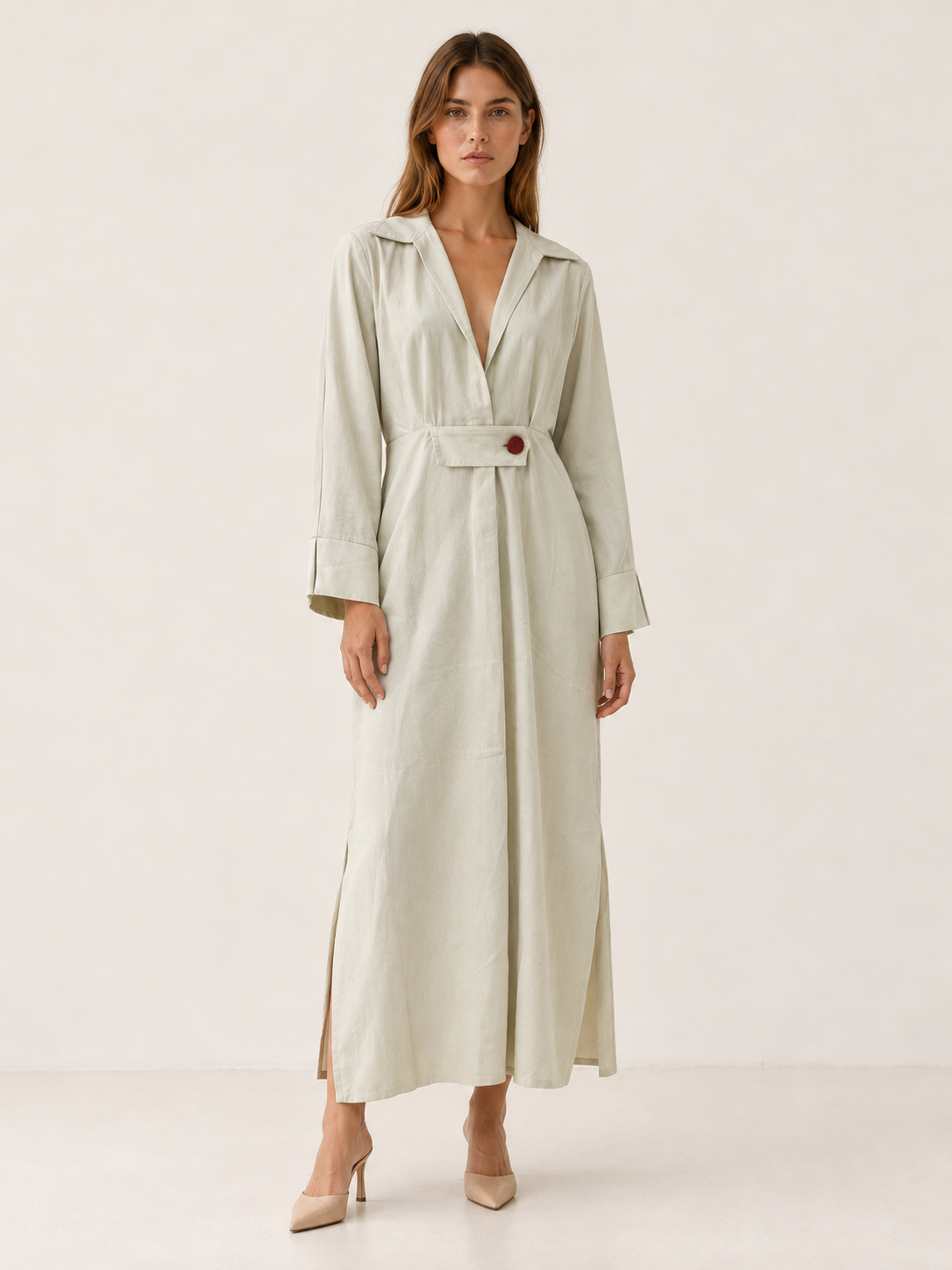 Quincy | Maxi Dress with Collared V Neck Belted Waist