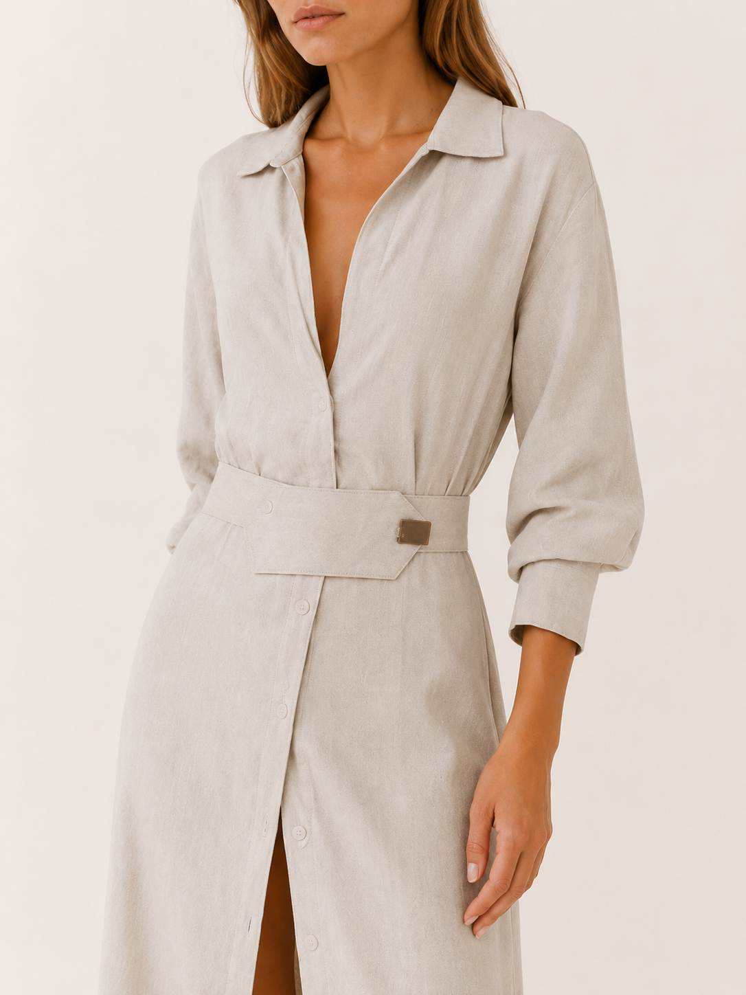 Quincy | Maxi Dress with Collared V Neck Belted Waist