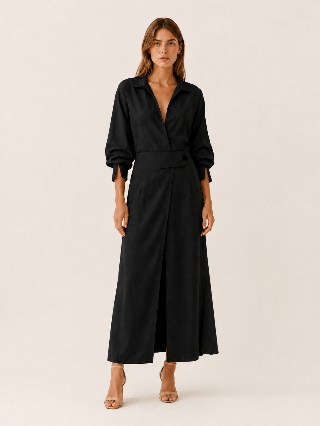 Quincy | Maxi Dress with Collared V Neck Belted Waist