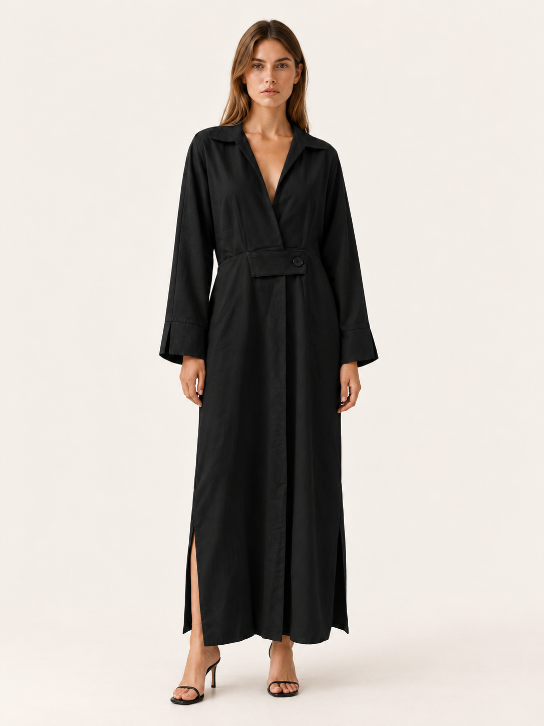 Quincy | Maxi Dress with Collared V Neck Belted Waist