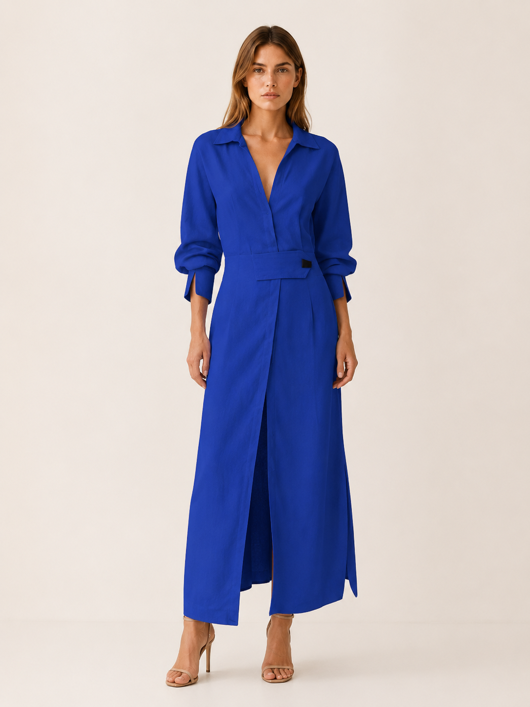 Quincy | Maxi Dress with Collared V Neck Belted Waist