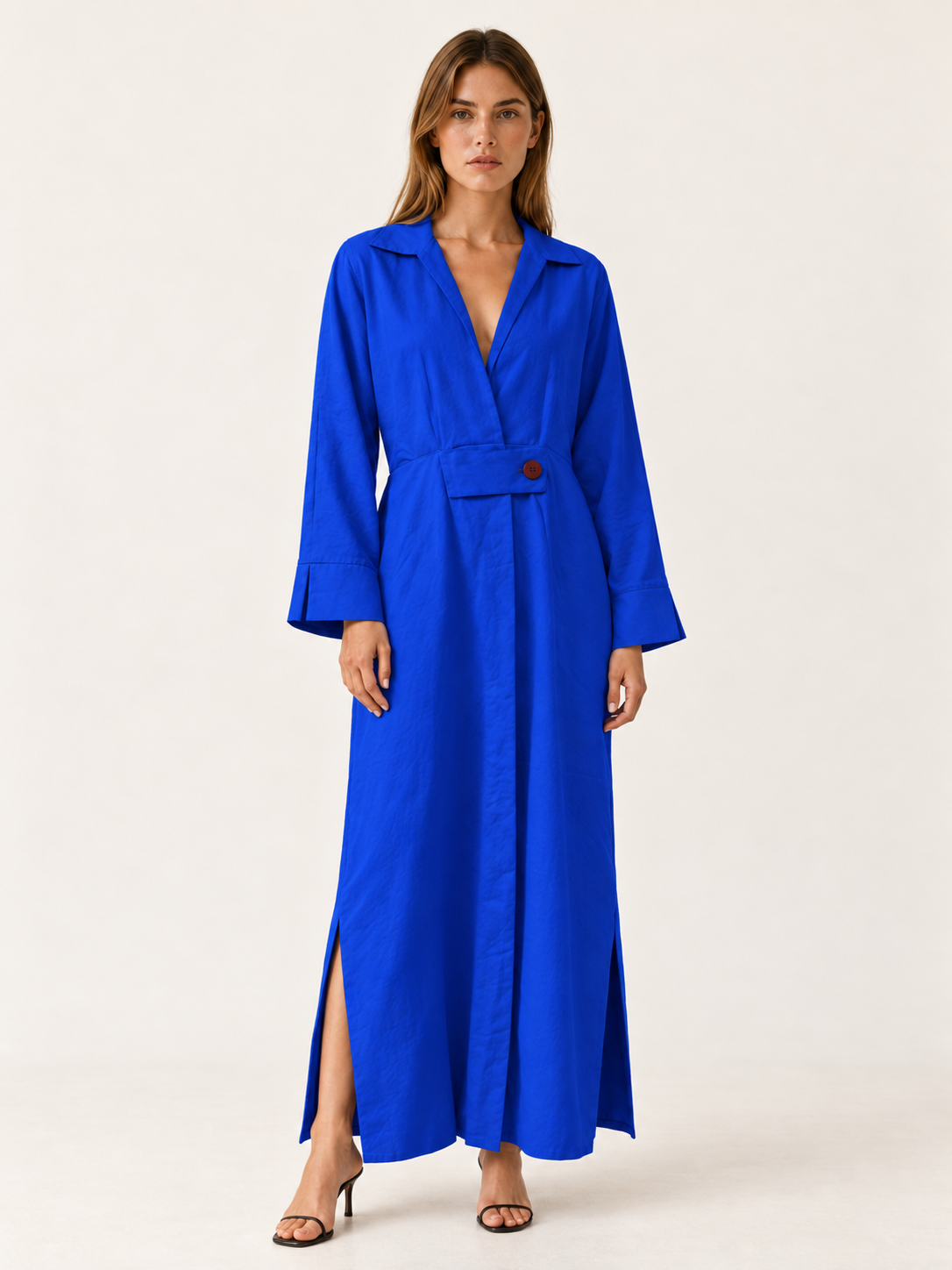 Quincy | Maxi Dress with Collared V Neck Belted Waist