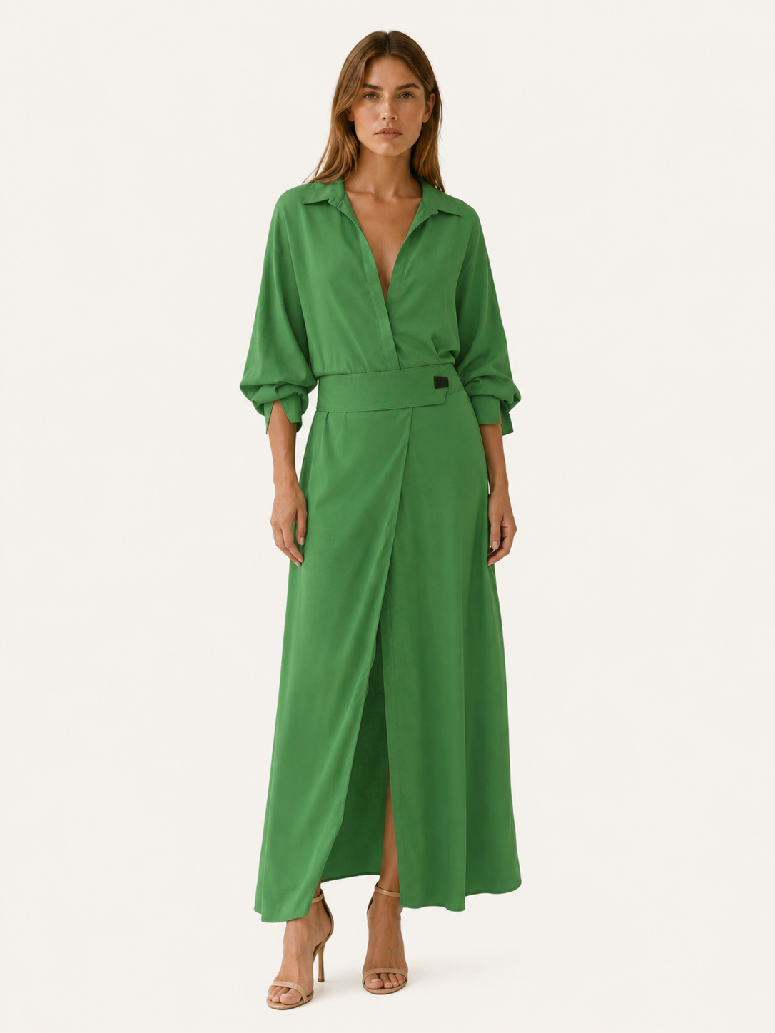 Quincy | Maxi Dress with Collared V Neck Belted Waist