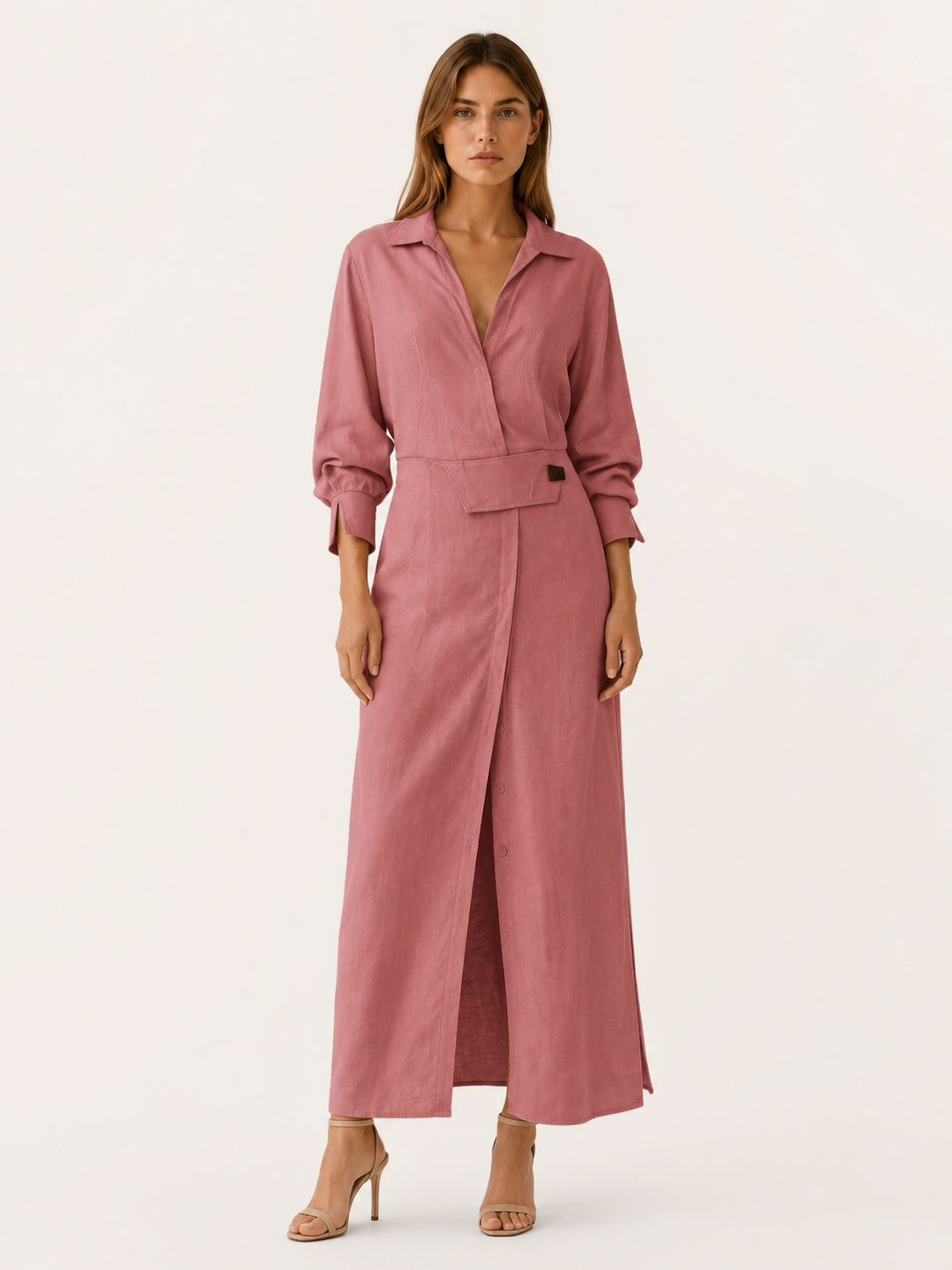 Quincy | Maxi Dress with Collared V Neck Belted Waist