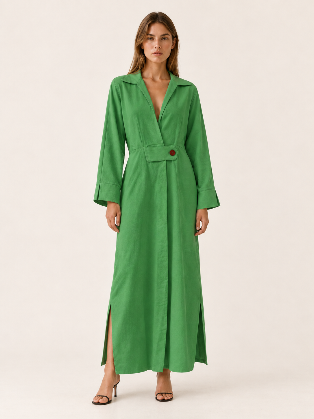 Quincy | Maxi Dress with Collared V Neck Belted Waist