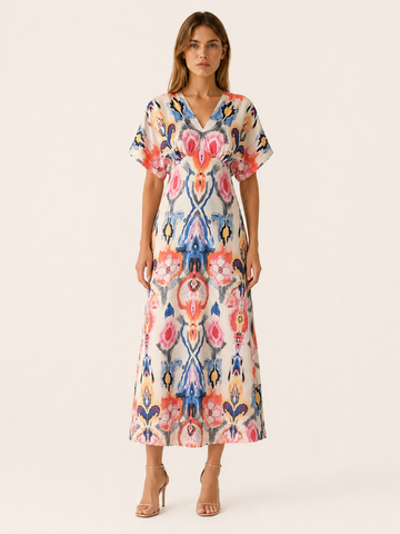Ravlyn | Satin Maxi Dress with V Neck Abstract Print