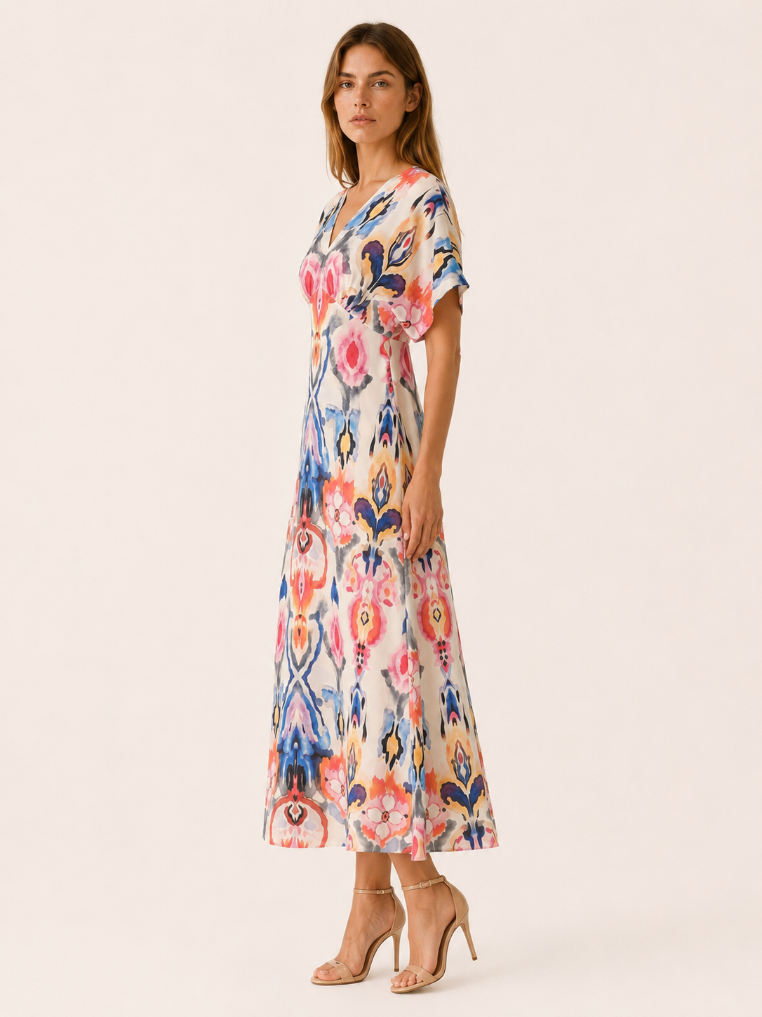 Ravlyn | Satin Maxi Dress with V Neck Abstract Print