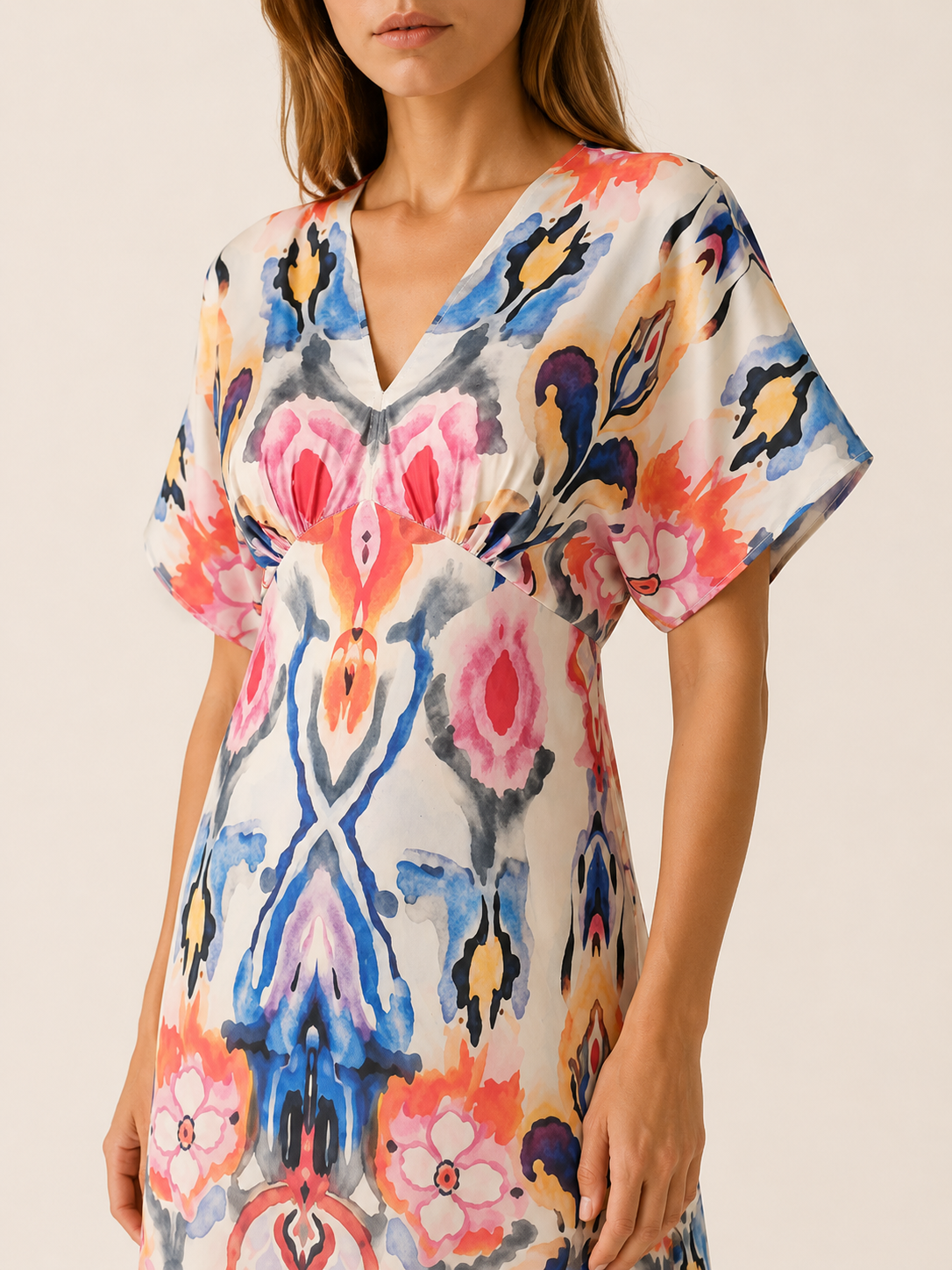 Ravlyn | Satin Maxi Dress with V Neck Abstract Print