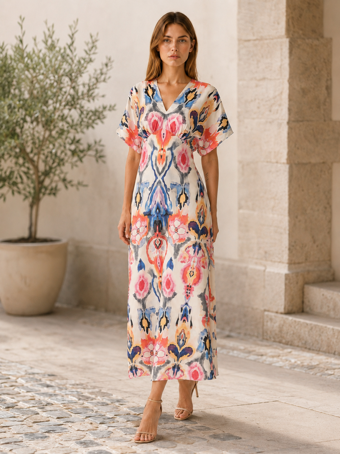 Ravlyn | Satin Maxi Dress with V Neck Abstract Print