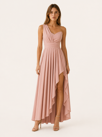 Rhoswen | Pleated Maxi Dress with Asymmetric Shoulder Side Slit