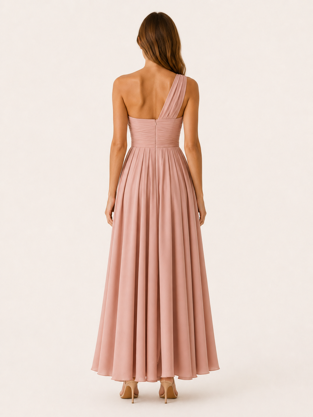 Rhoswen | Pleated Maxi Dress with Asymmetric Shoulder Side Slit