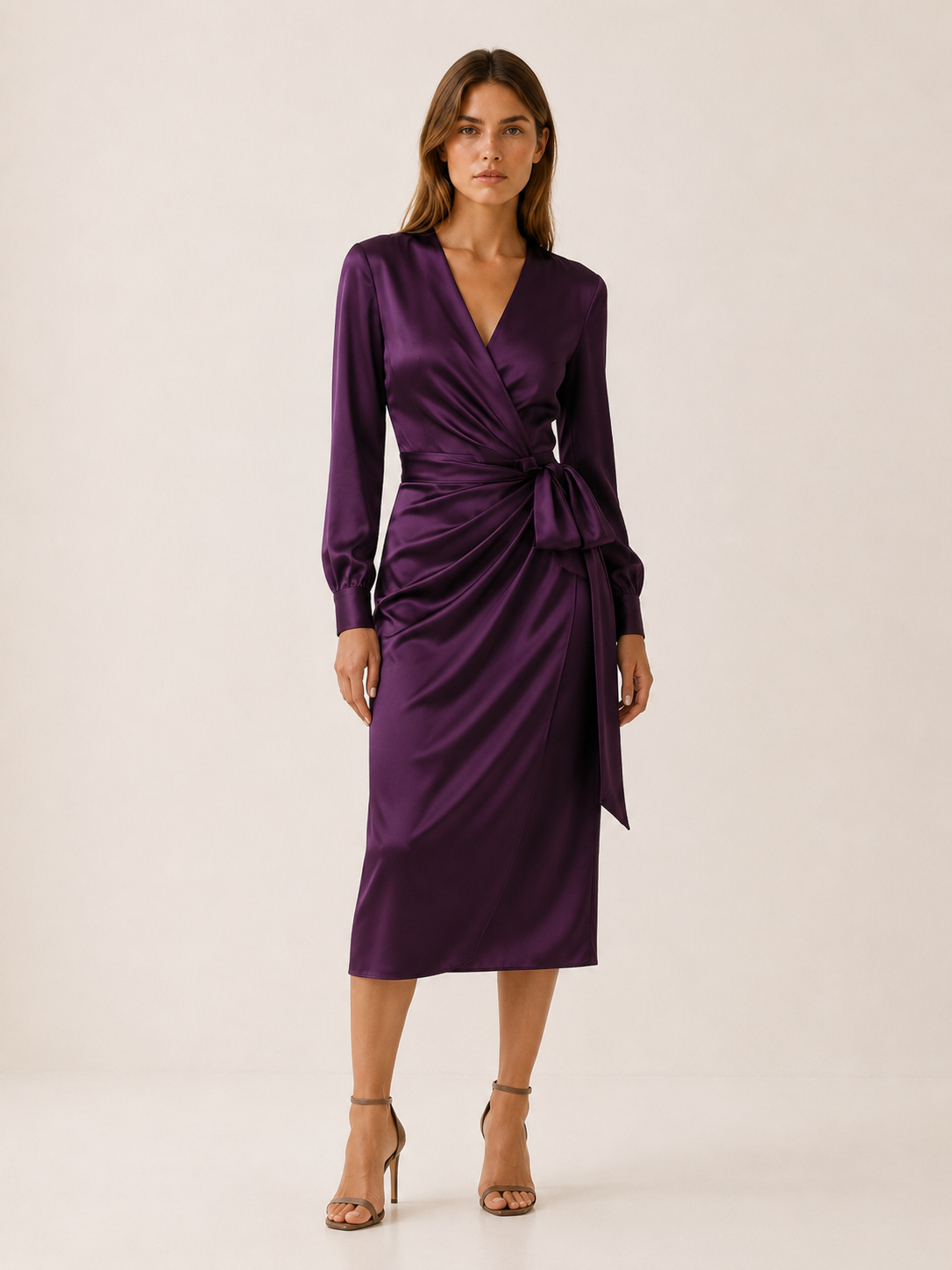Rianna | Satin Wrap Midi Dress with Tie Waist