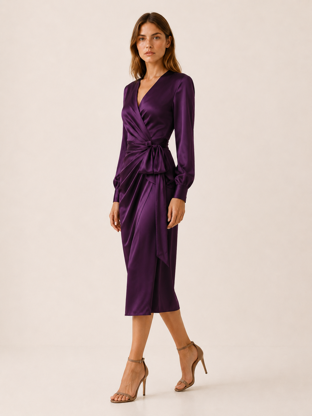 Rianna | Satin Wrap Midi Dress with Tie Waist