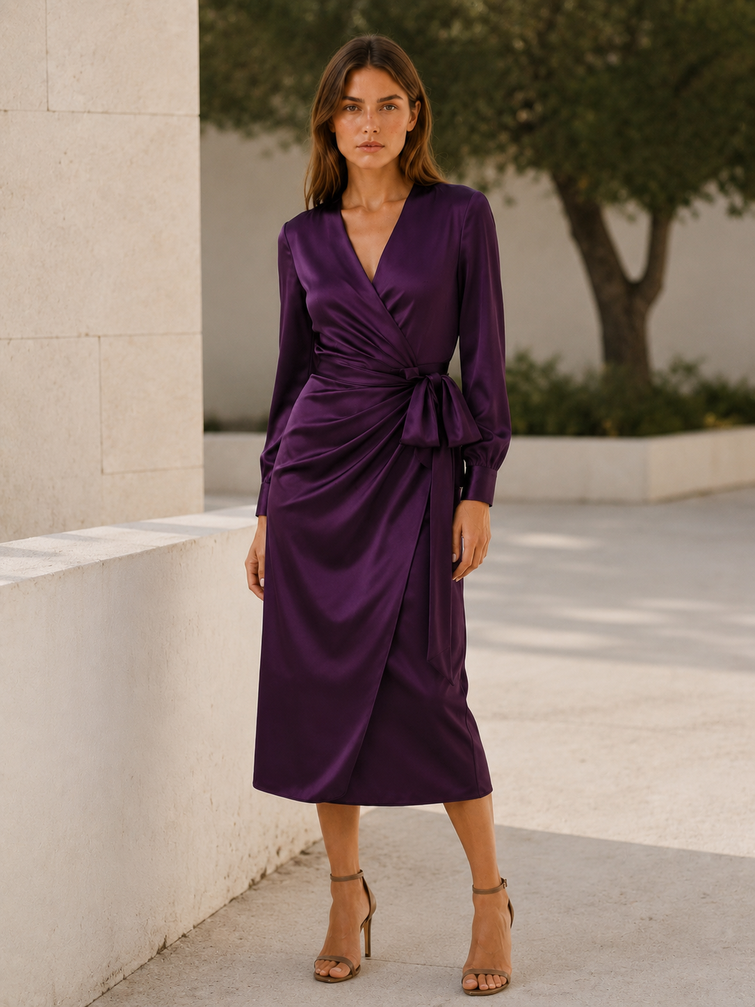 Rianna | Satin Wrap Midi Dress with Tie Waist