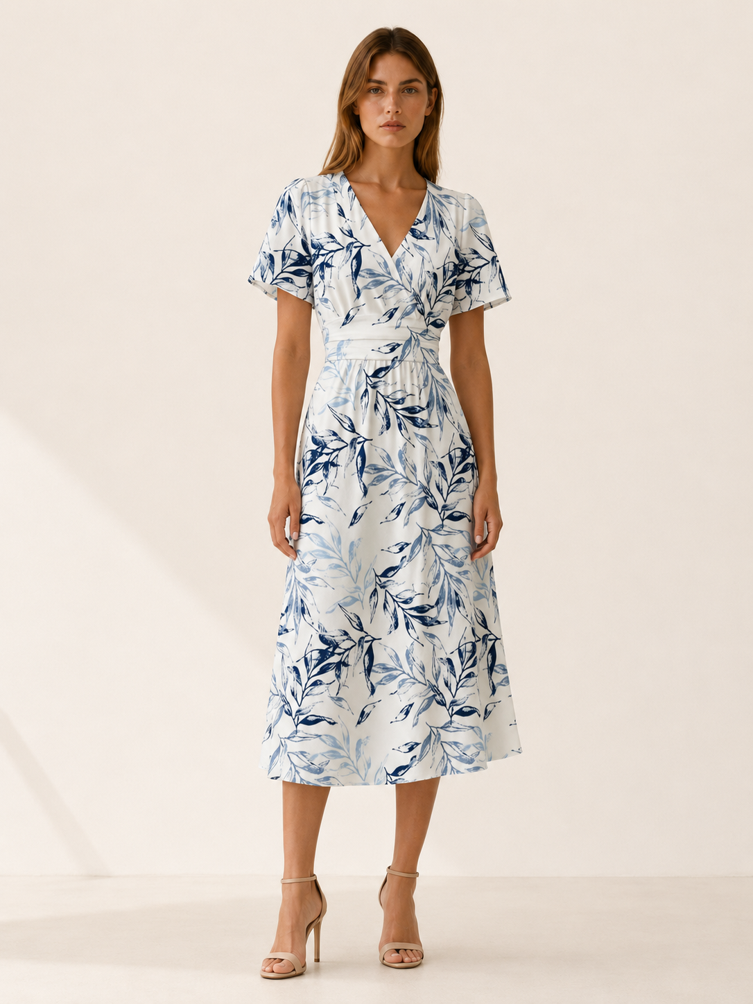 Rochelle | Plant Print Midi Dress with V Neck