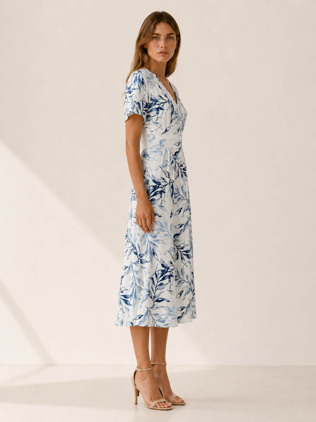 Rochelle | Plant Print Midi Dress with V Neck