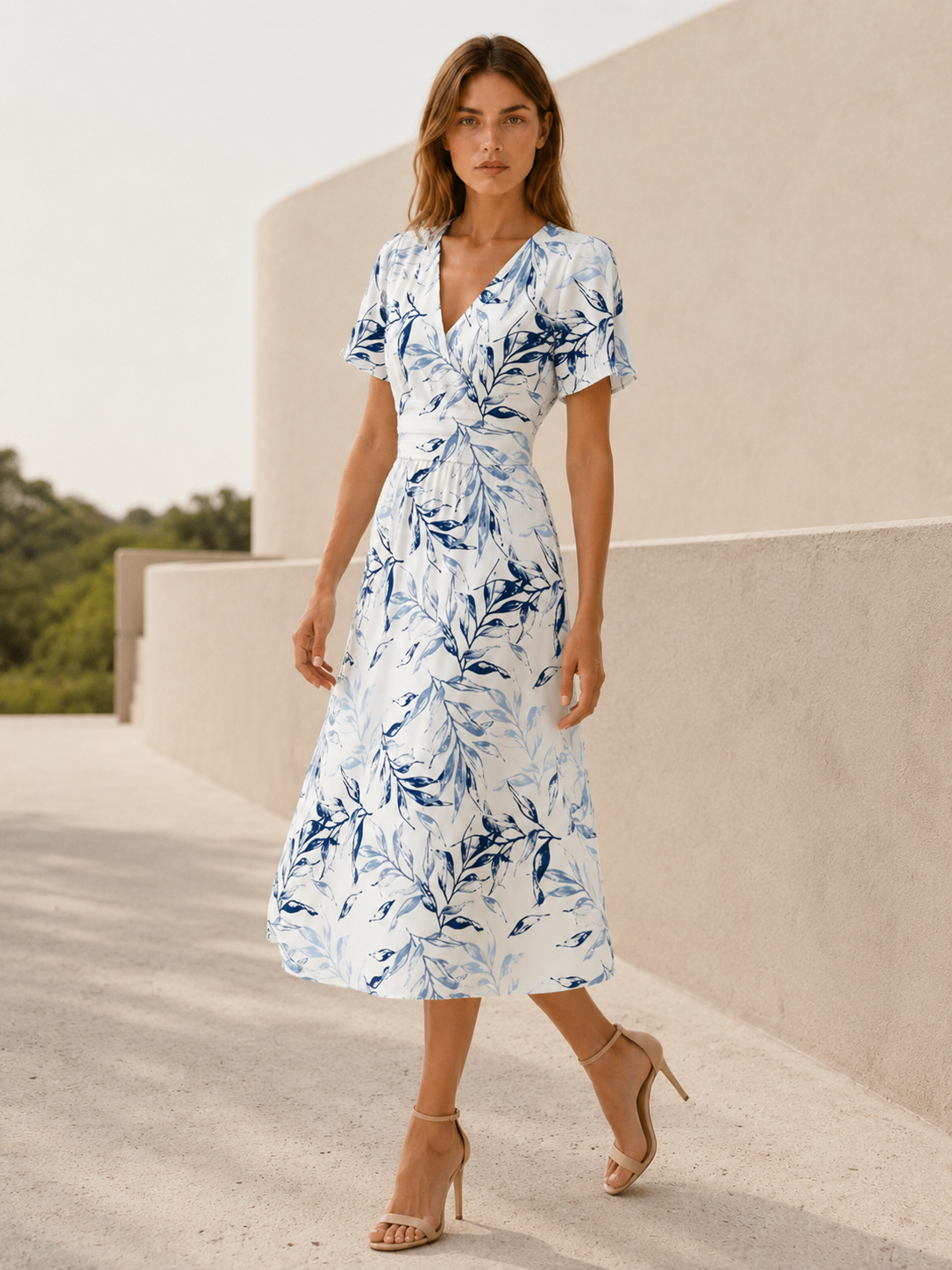 Rochelle | Plant Print Midi Dress with V Neck